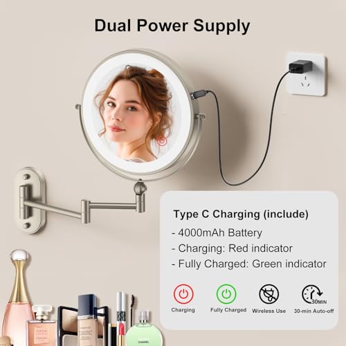 IMIKONA 9" Wall Mounted Lighted Makeup Mirror,4000mAh Rechargeable