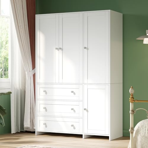 71-Inch Wooden Wardrobe Closet with Mirror, 3 Drawers and Hanging Rod