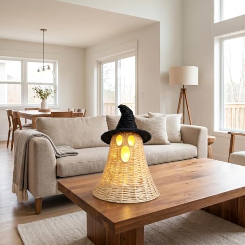 Handwoven Natural Rattan Ghost Table Decor with Black Witch Hat