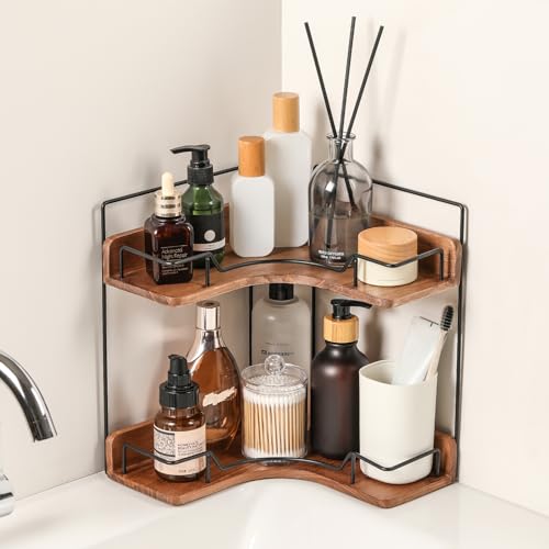 2-Tier Wooden Corner Shelf Organizer for Bathroom Vanity & Countertop