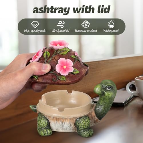 Cute Turtle Resin Ashtray with Windproof Lid for Indoor and Outdoor Use