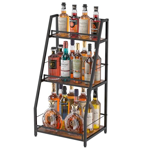 3-Tier Stepped Liquor Display Stand - Freestanding Wood & Iron Wine Rack