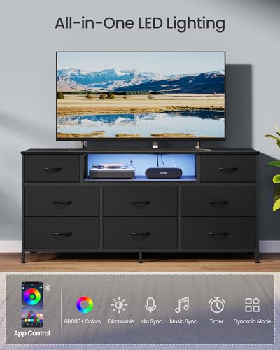 8-Drawer Dresser with LED Lights, Charging Station, and Steel Frame