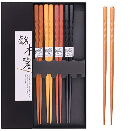 Natural Wooden Chopsticks Set - 5 Pairs Reusable Japanese Style Gift Box