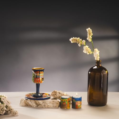 Hand-Painted Jerusalem Scene Wooden Kiddush Cup and Saucer Set