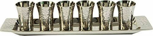 Hammered Nickel Kiddush Cup Set with Matching Tray - 6 Piece Set