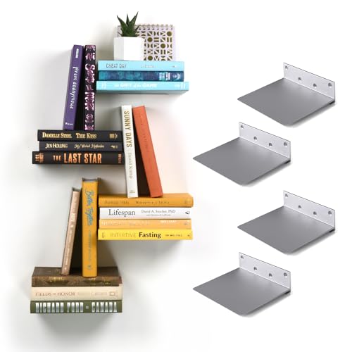 Floating Invisible Bookshelf Set, Wall Mounted Aluminum Shelves (4 Pack)