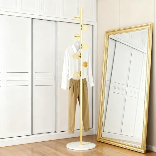 Freestanding Gold Coat Rack with Marble Base & 7 Hooks - 67 Inch