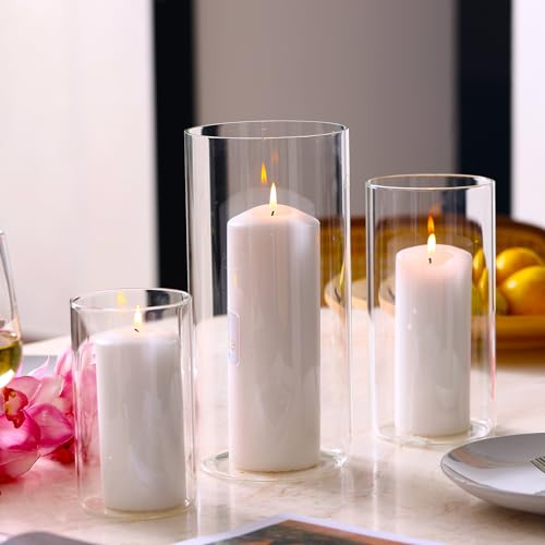Clear Glass Hurricane Candle Holders - Set of 3 for Pillar Candles