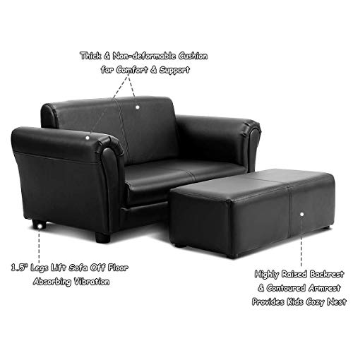 Kids 2-Seater Sofa with Ottoman - Black PU Leather Toddler Lounge Chair