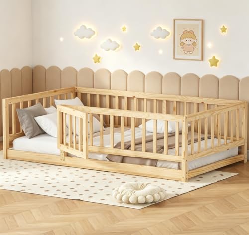Twin Size Montessori Floor Bed with Safety Rails and Door, Pine Wood