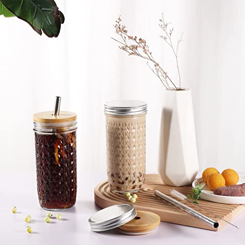 ASANMEYO Clear Glass Mason Jar Set 24oz with Bamboo & Airtight Lids, Reusable Drink Cups for Smoothies & Iced Coffee