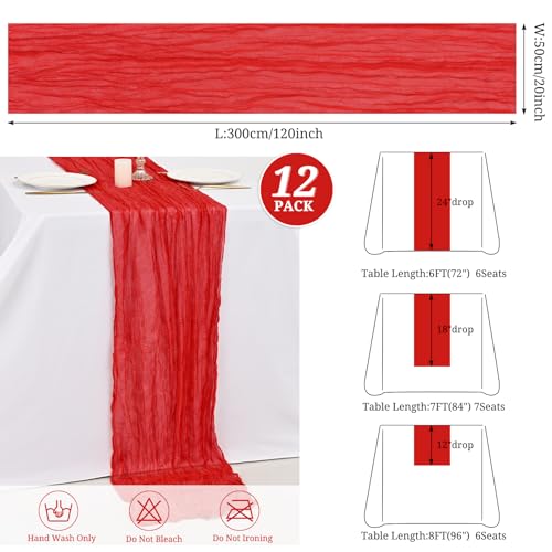 Red 12 Pack Cheesecloth Table Runner 20 x 120 in - Wrinkled Sheer Linen Batched 12