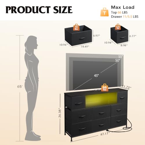 LED Dresser TV Stand for 55 Inch TV with Power Outlet & 8 Fabric Drawers