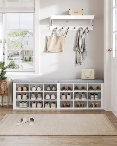18-Cubby Shoe Storage Bench with Cushioned Seat - White Entryway Organizer