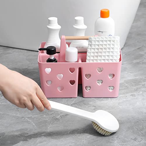 Portable Plastic Shower Caddy with Wooden Handle and Drainage Holes