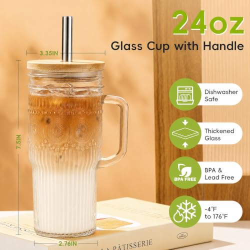 24 oz Glass Tumbler with Handle, Bamboo Lid, and Straw - Boho Iced Coffee Cup