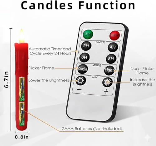 Pierty Red Tall Flameless Flickering LED Taper Candles with Remote Timer - 6.7 Inch Set
