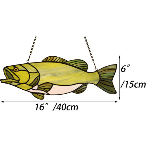 16-Inch Handmade Stained Glass Fish Suncatcher Window Panel with Chain - Bass Design