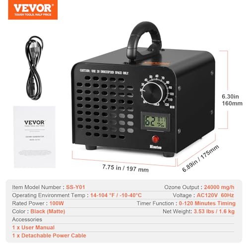 High Capacity Ozone Generator 24000mg/h with 120 Min Timer for Rooms and Cars