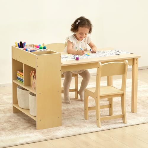 Kids Art Table and 2 Chairs Set with Storage - Wooden Toddler Activity Desk