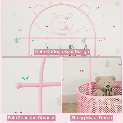 Kids Adjustable Garment Rack with Storage Basket and Wheels (Pink)