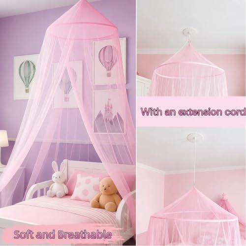 Pink Round Dome Bed Canopy for Girls - Breathable Mosquito Netting