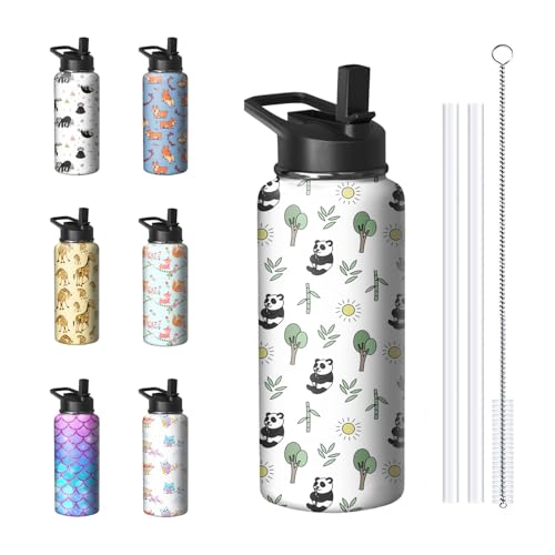 32oz Panda Water Bottle with Handle & Flip Straw - Stainless Steel Insulated Travel Mug (Stunnoosy Panda 32 Ounces)