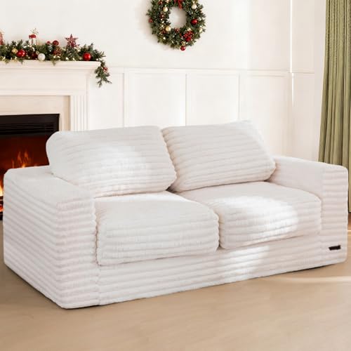 Large Bean Bag Loveseat Sofa with Pillows, Plush Faux Fur Floor Couch, White