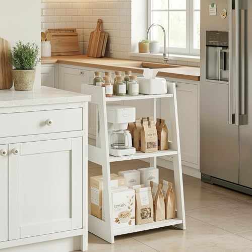 3-Tier Freestanding Ladder Shelf, Compact White PVC Storage Rack