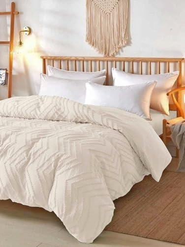 Nanko Full Size Beige Duvet Cover Set 3pc Boho Tufted Microfiber Bedding