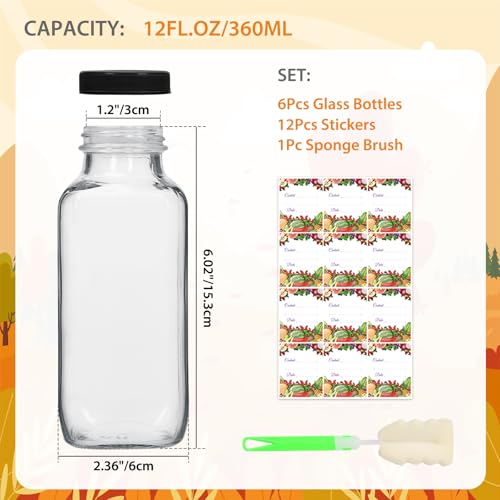 AuroTrends 12 oz Glass Bottles with Lids 6Pack, 360ml Glass Bottles for Juicing, Water, Kombucha - Portable Juicing Bottles Reusable for Juice/Coffee/Milk/Kombucha Storage