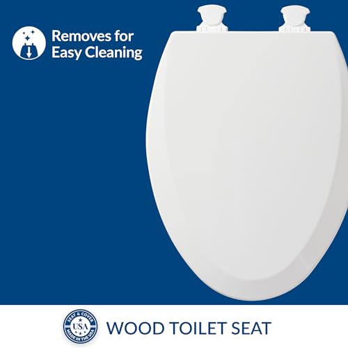 Elongated Enameled Wood Toilet Seat with Easy Clean Hinges, White