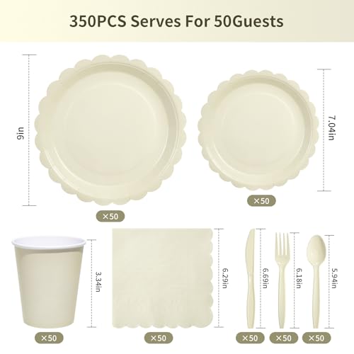 Ivory Scalloped Disposable Tableware Set (350Pcs) - 50 Guests - Goodluck