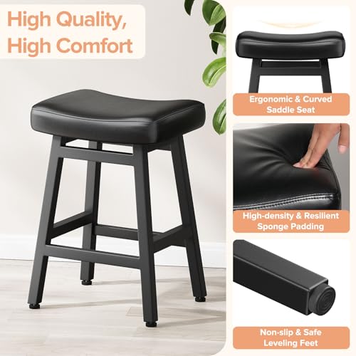 24-Inch Counter Height Bar Stools - Set of 2 Bonded Leather Saddle Stools