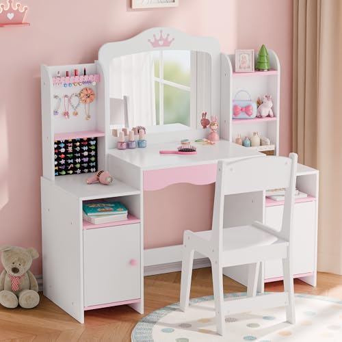 Kids Vanity Set with Mirror, Stool, and Jewelry Storage - White Wooden Desk