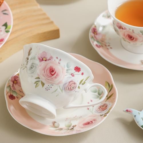 Pink Rose Floral Porcelain Tea Cup & Saucer Set of 6 - 6oz, Elegant Dinnerware