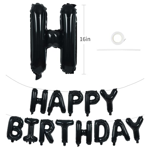 TONIFUL 16 Inch Black Happy Birthday Foil Letter Balloon Banner Decorations