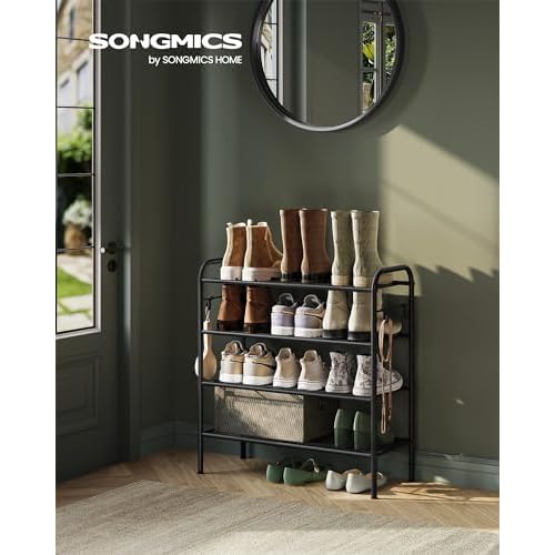 SONGMICS Shoe Rack, 4-Tier Shoe Organizer, Metal Shoe Shelf Storage with 4 Side Hooks, Holds 16 Pairs of Shoes, Height-Adjustable Shoe Rack for Entryway, Hallway, Closet, Easy Assembly, Ink Black