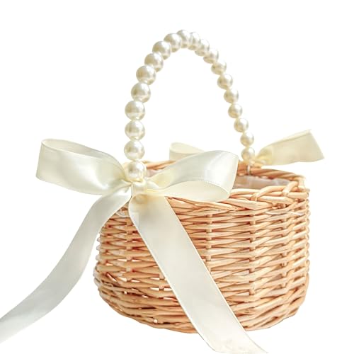 Handwoven Rattan Flower Girl Basket with Pearl Handle and Ribbon Bow