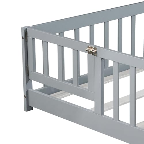 Full Size Montessori Floor Bed with Guardrails and Door, Kids Wood Bed Frame
