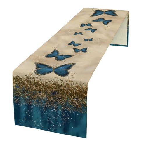 SENRUEGT Butterfly Table Runner Gold Blue 36x13 inch - Dreamy Spring Farmhouse Decor