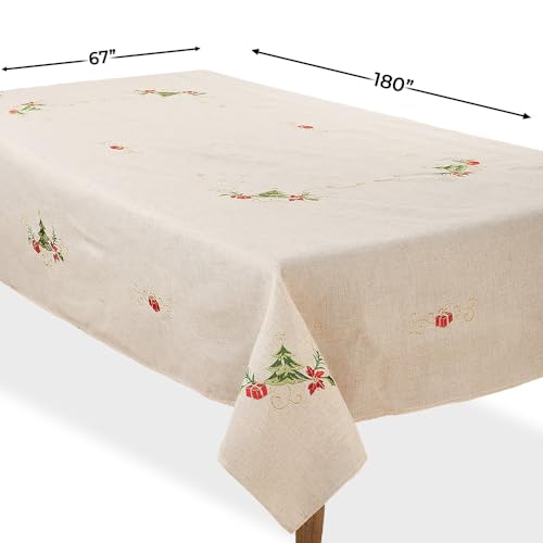 SARO LIFESTYLE Embroidered Christmas Tree Linen Tablecloth 67 x 180 Inches Natural