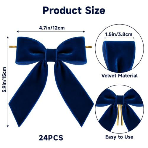 KINGLAKE 24 Pcs Navy Blue Velvet Bows 1.5 Inch for Christmas Tree Decoration