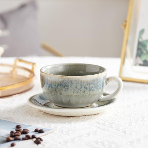 Coffeezone Space Grey 12 oz Vintage Ceramic Latte Art Cappuccino Cup & Saucer