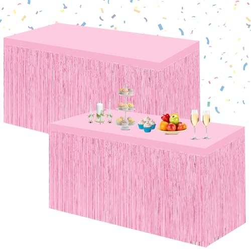 2-Pack Pink Foil Fringe Tinsel Table Skirt for Party Decorations 29.5x108in