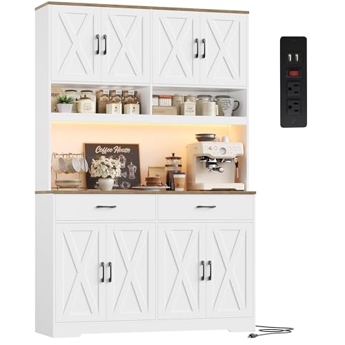 75" Tall Kitchen Pantry Cabinet with Charging Station and LED Lights
