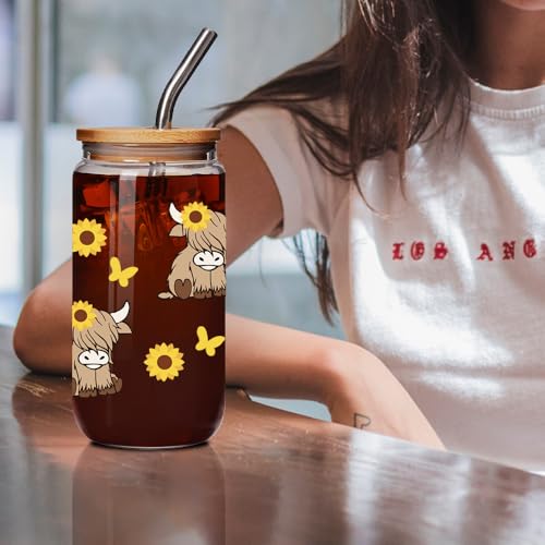 Highland Cow Glass Mug with Lid & Straw - 16 oz Coffee Tea Cup Gift for Women