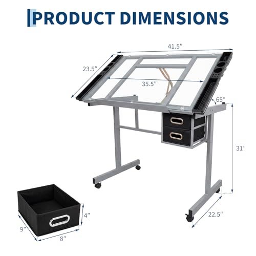 Adjustable Glass Drafting Table with Wheels, Drawers and Storage Trays