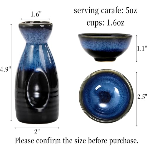 Goaste Japanese Ceramic Sake Set with Carafe and Cups - Dark Blue, Dishwasher Safe